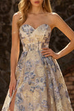 Dusty Blue Jacquard A Line Corset Strapless Long Ball Dress with Slit