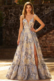 Dusty Blue Jacquard Spaghetti Straps A Line Corset Long Ball Dress with Slit