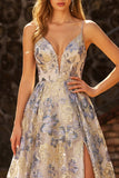Dusty Blue Jacquard Spaghetti Straps A Line Corset Long Ball Dress with Slit