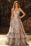 Dusty Blue Spaghetti Straps Jacquard Ruffled A Line Corset Long Ball Dress with Slit