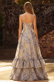 Dusty Blue Spaghetti Straps Jacquard Ruffled A Line Corset Long Ball Dress with Slit