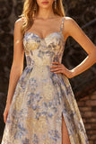 Dusty Blue Spaghetti Straps Jacquard Ruffled A Line Corset Long Ball Dress with Slit