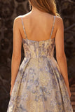 Dusty Blue Spaghetti Straps Jacquard Ruffled A Line Corset Long Ball Dress with Slit