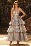 Dusty Blue Jacquard Strapless A Line Corset Tiered Ball Dress with Ruffles