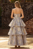 Dusty Blue Jacquard Strapless A Line Corset Tiered Ball Dress with Ruffles