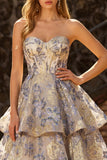 Dusty Blue Jacquard Strapless A Line Corset Tiered Ball Dress with Ruffles