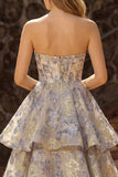 Dusty Blue Jacquard Strapless A Line Corset Tiered Ball Dress with Ruffles