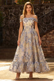 Dusty Blue Off the Shoulder Jacquard A Line Corset Ball Dress