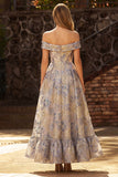 Dusty Blue Off the Shoulder Jacquard A Line Corset Ball Dress