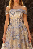 Dusty Blue Off the Shoulder Jacquard A Line Corset Ball Dress