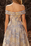 Dusty Blue Off the Shoulder Jacquard A Line Corset Ball Dress
