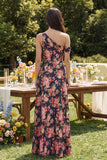 Black Pink Flower A-Line One Shoulder Midi Satin Dress