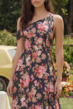 Black Pink Flower A-Line One Shoulder Midi Satin Dress