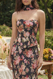 Black Pink Flower Sheath Strapless Satin Midi Dress