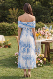 White Blue Flower A-Line Tulle Off the Shoulder Corset Midi Dress with Slit