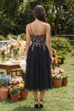 Black Appliqued A-Line Tulle Spaghetti Straps Midi Dress
