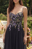 Black Appliqued A-Line Tulle Spaghetti Straps Midi Dress