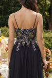 Black Appliqued A-Line Tulle Spaghetti Straps Midi Dress