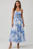 White Blue Flower Tulle A-Line Corset Spaghetti Straps Midi Dress