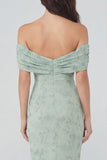 Dusty Sage Print Off the Shoulder Sheath Chiffon Midi Dress