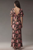 Black Pink Flower V Neck Sheath Satin Midi Dress with Short Sleeves
