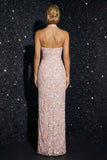 Pink Appliqued Halter Corset Sheath Long Evening Dress with Slit