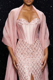 Sparkly Pink Sequins Strapless Corset Mermaid Evening Dress with Slit and Cloak