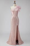 Pink Satin Mermaid Sequins Pearls One Shoulder Corset Long Ball Dress with Slit