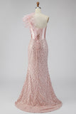 Pink Satin Mermaid Sequins Pearls One Shoulder Corset Long Ball Dress with Slit