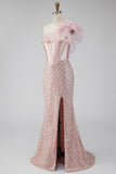 Pink Satin Mermaid Sequins Pearls One Shoulder Corset Long Ball Dress with Slit