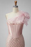 Pink Satin Mermaid Sequins Pearls One Shoulder Corset Long Ball Dress with Slit
