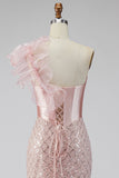 Pink Satin Mermaid Sequins Pearls One Shoulder Corset Long Ball Dress with Slit