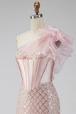 Pink Satin Mermaid Sequins Pearls One Shoulder Corset Long Ball Dress with Slit