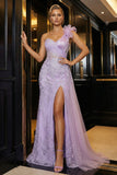 Sparkly Purple Appliqued Ruffled One Shoulder Mermaid Evening Dress with Slit
