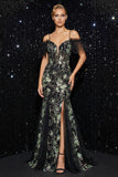 Sparkly Black Appliqued Cold Shoulder Mermaid Evening Dress with Slit