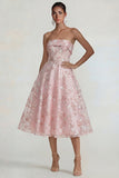 Sparkly Flower Appliqued Pink Strapless A Line Midi Dress