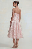 Sparkly Flower Appliqued Pink Strapless A Line Midi Dress