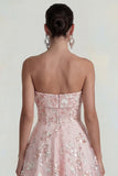 Sparkly Flower Appliqued Pink Strapless A Line Midi Dress