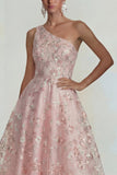 Sparkly Flower Appliqued Pink One Shoulder A Line Midi Dress