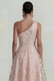 Sparkly Flower Appliqued Pink One Shoulder A Line Midi Dress