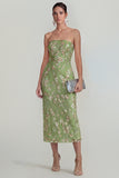 Sparkly Flower Appliqued Pink Strapless Sheath Midi Dress