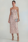 Sparkly Flower Appliqued Pink Strapless Sheath Midi Dress