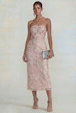Sparkly Flower Appliqued Pink Strapless Sheath Midi Dress