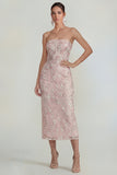 Sparkly Flower Appliqued Pink Strapless Sheath Midi Dress