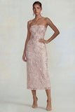 Sparkly Flower Appliqued Pink Strapless Sheath Midi Dress