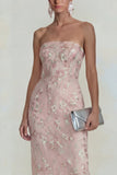 Sparkly Flower Appliqued Pink Strapless Sheath Midi Dress