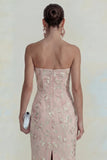 Sparkly Flower Appliqued Pink Strapless Sheath Midi Dress