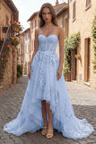 Yellow Strapless A Line Tulle Corset High-Low Ball Dress with Floral Embroidery