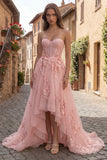 Yellow Strapless A Line Tulle Corset High-Low Ball Dress with Floral Embroidery