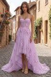 Yellow Strapless A Line Tulle Corset High-Low Ball Dress with Floral Embroidery